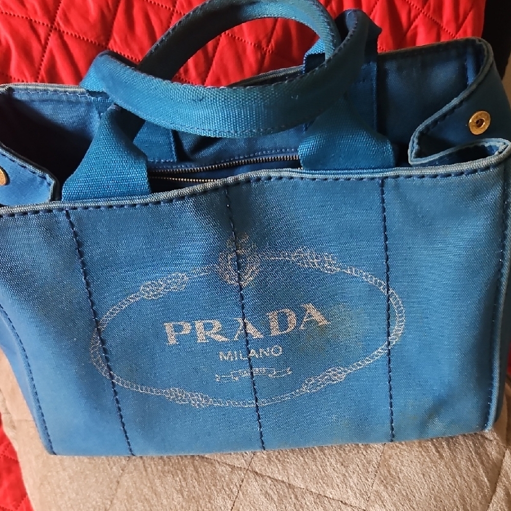 Prada Blue Canvas Tote with Iconic Logo